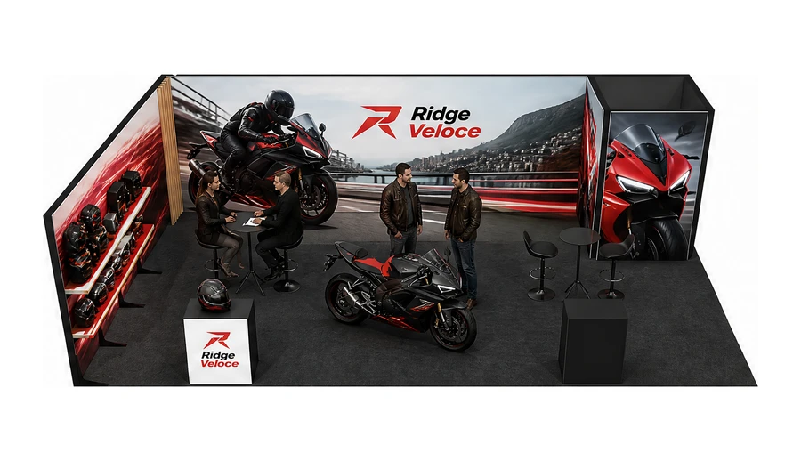 Stoisko 10 × 6 m narożne lewe dla branży motocykle i skutery, przykładowa marka Ridge Veloce