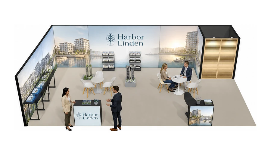 Stoisko 10 × 6 m narożne lewe dla branży deweloperzy i nieruchomości, przykładowa marka Harbor Linden