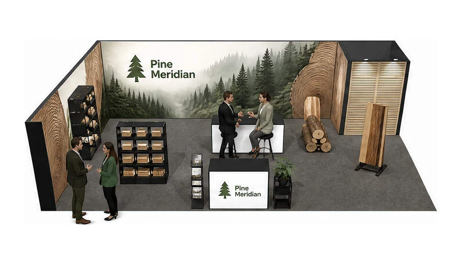 Stoisko 10 × 6 m narożne lewe dla branży leśnictwo i przemysł drzewny, przykładowa marka Pine Meridian