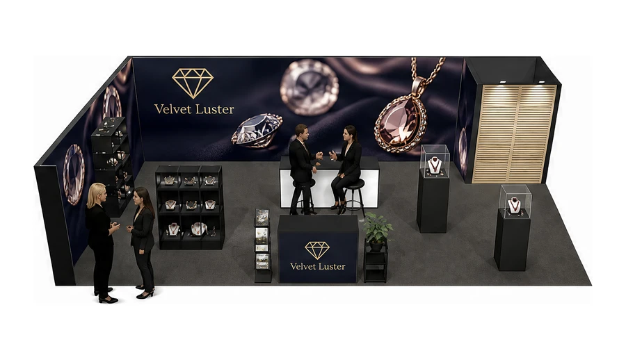 Stoisko 10 × 6 m narożne lewe dla branży biżuteria, przykładowa marka Velvet Luster