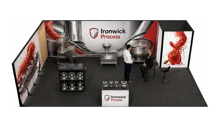 Stoisko 10 × 6 m narożne lewe dla branży technologie spożywcze, przykładowa marka Ironwick Process