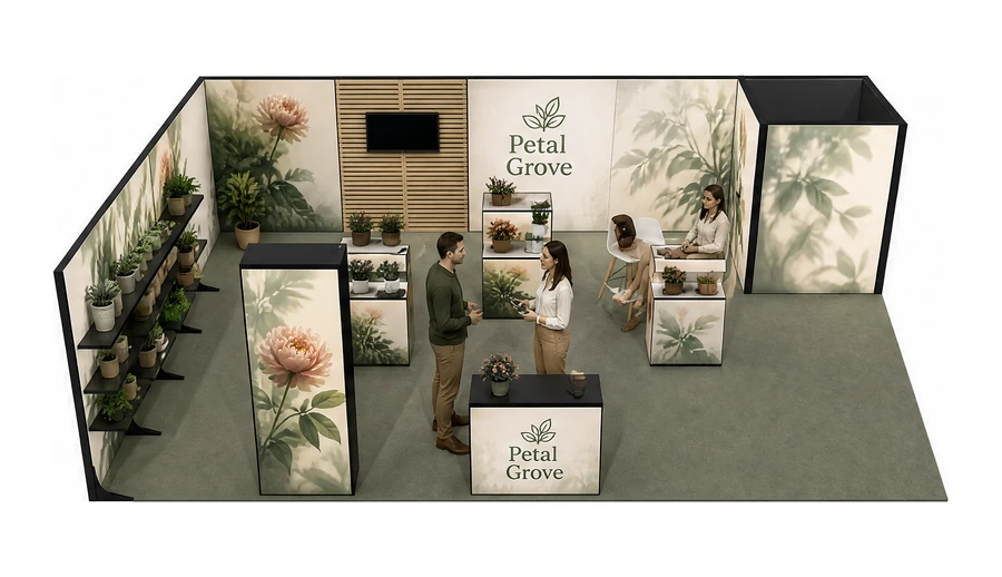 Stoisko 10 × 6 m narożne lewe dla branży rośliny i kwiaciarstwo, przykładowa marka Petal Grove