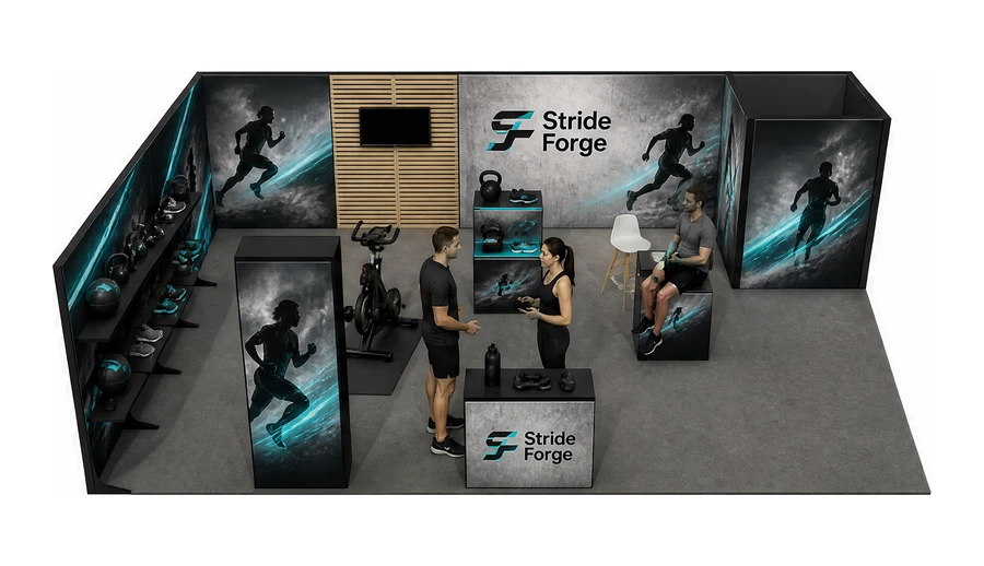 Stoisko 10 × 6 m narożne lewe dla branży sprzęt sportowy, przykładowa marka Stride Forge