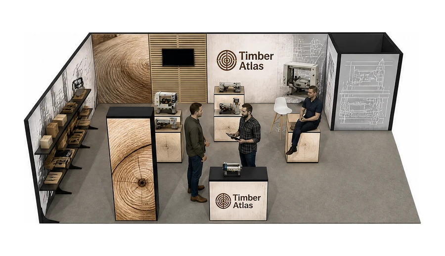Stoisko 10 × 6 m narożne lewe dla branży maszyny do obróbki drewna, przykładowa marka Timber Atlas