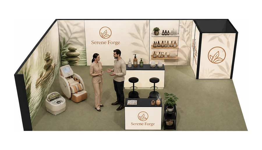 Stoisko 10 × 6 m narożne lewe dla branży spa i wellness, przykładowa marka Serene Forge