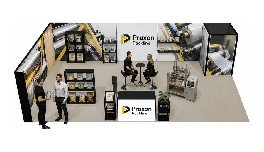 Stoisko 10 × 6 m narożne lewe dla branży maszyny pakujące, przykładowa marka Praxon Packline
