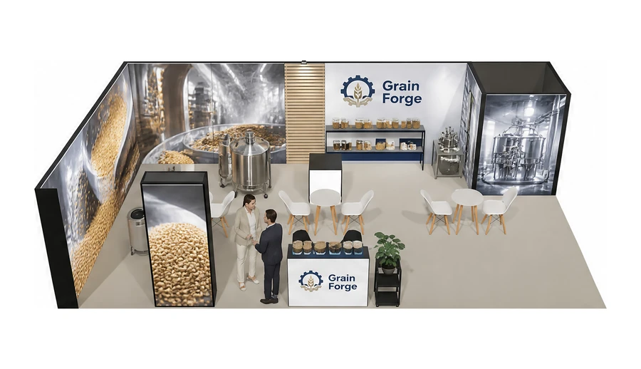 Stoisko 10 × 6 m narożne lewe dla branży technologie spożywcze, przykładowa marka Grain Forge