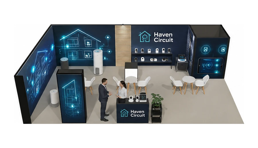 Stoisko 10 × 6 m narożne lewe dla branży smart home i IoT, przykładowa marka Haven Circuit