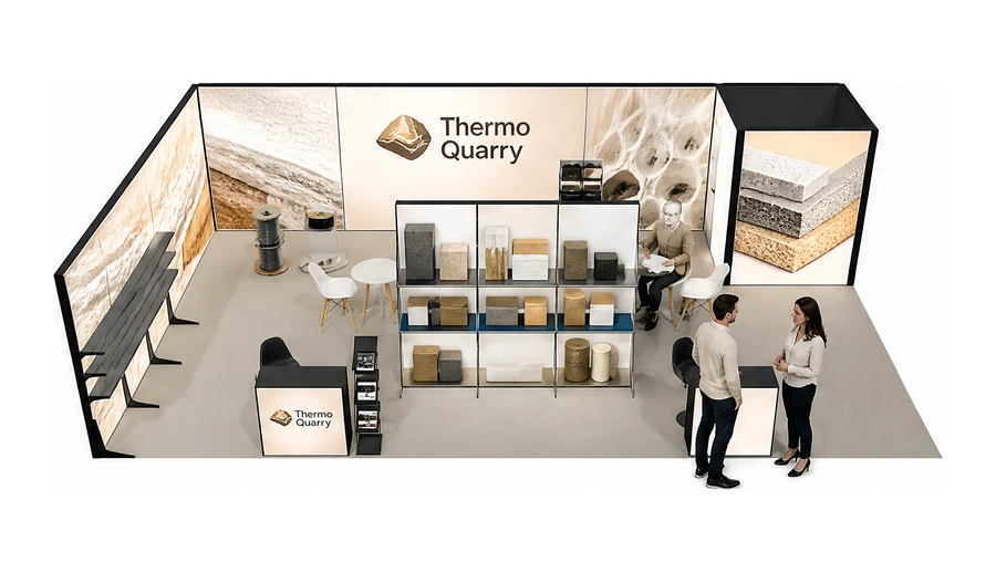Stoisko 10 × 6 m narożne lewe dla branży izolacje techniczne, przykładowa marka Thermo Quarry