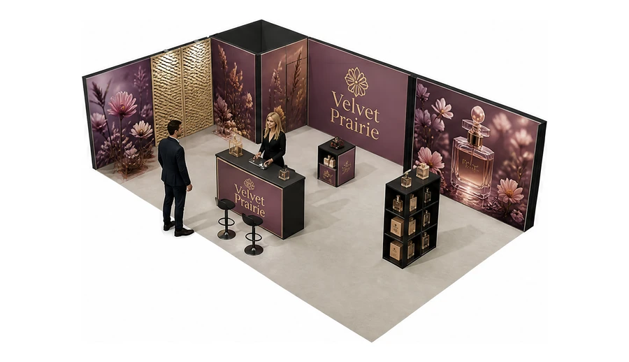 Stoisko 10 × 6 m narożne lewe dla branży perfumy, przykładowa marka Velvet Prairie