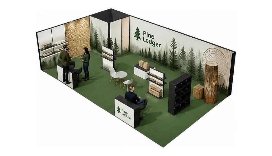 Stoisko 10 × 6 m narożne lewe dla branży leśnictwo i przemysł drzewny, przykładowa marka Pine Ledger