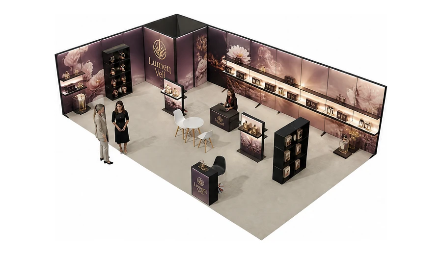 Stoisko 10 × 6 m narożne lewe dla branży perfumy, przykładowa marka Lumen Veil