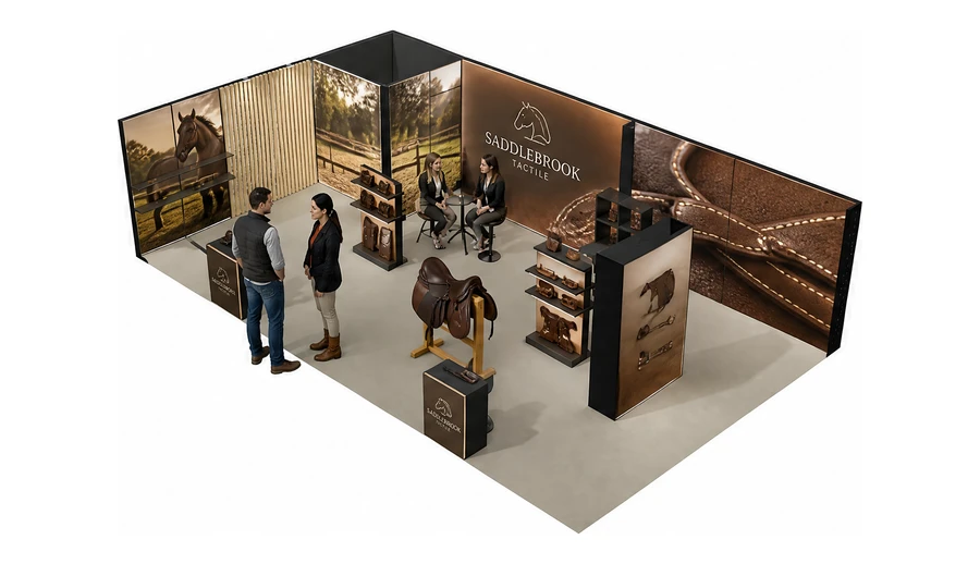 Stoisko 10 × 6 m narożne lewe dla branży jeździectwo, przykładowa marka Saddlebrook Tactile