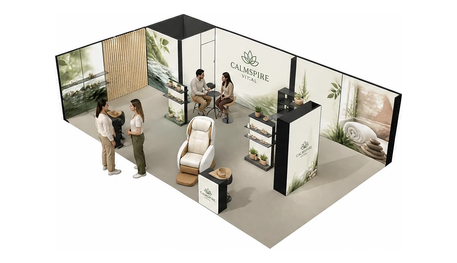 Stoisko 10 × 6 m narożne lewe dla branży spa i wellness, przykładowa marka Calmspire Vital