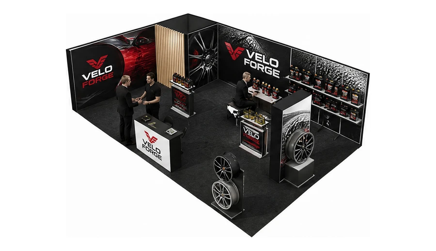Stoisko 10 × 6 m narożne lewe dla branży tuning i detailing, przykładowa marka Velo Forge