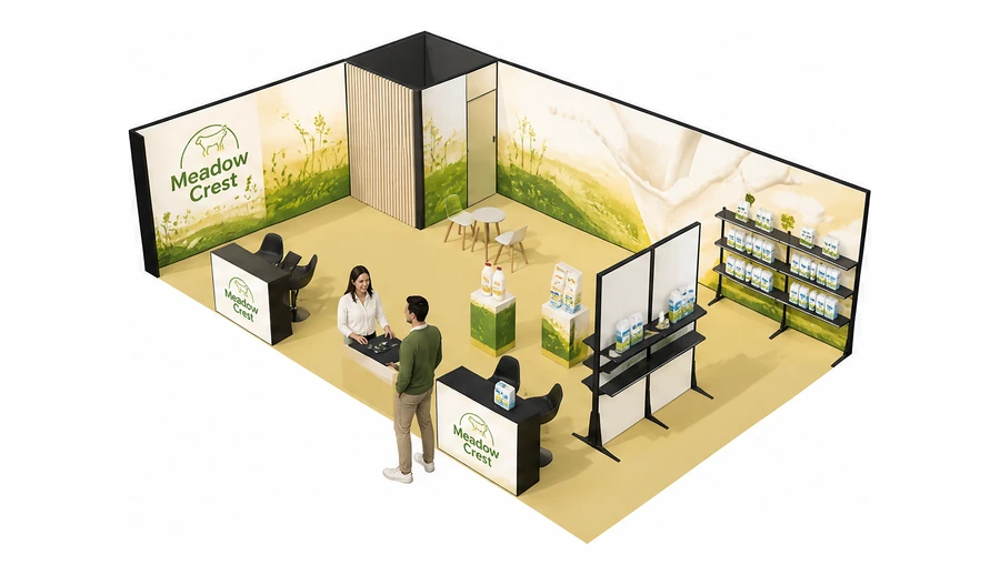 Stoisko 10 × 6 m narożne lewe dla branży nabiał i mleczarstwo, przykładowa marka Meadow Crest