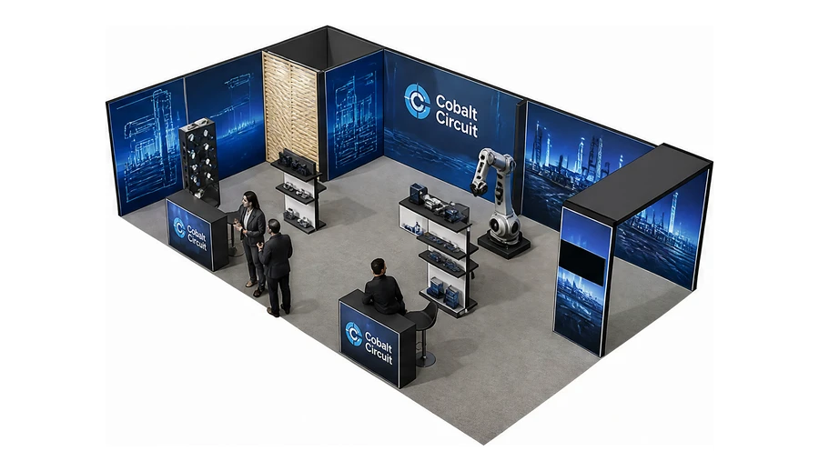 Stoisko 10 × 6 m narożne lewe dla branży automatyka przemysłowa, przykładowa marka Cobalt Circuit