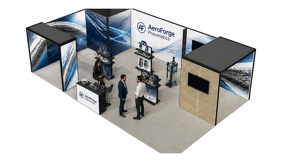 Stoisko 10 × 6 m narożne lewe dla branży pneumatyka i sprężone powietrze, przykładowa marka AeroForge Pneumatics