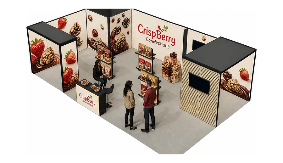 Stoisko 10 × 6 m narożne lewe dla branży słodycze i przekąski, przykładowa marka CrispBerry Confections