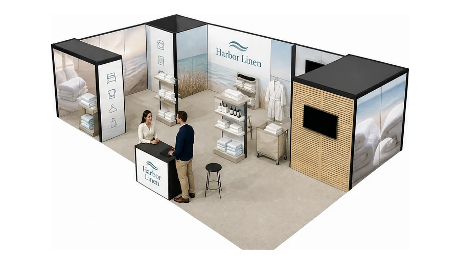Stoisko 10 × 6 m narożne lewe dla branży wyposażenie hoteli, przykładowa marka Harbor Linen