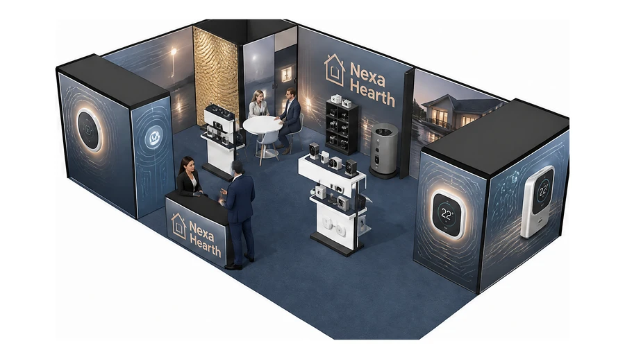 Stoisko 10 × 6 m narożne lewe dla branży smart home i IoT, przykładowa marka Nexa Hearth
