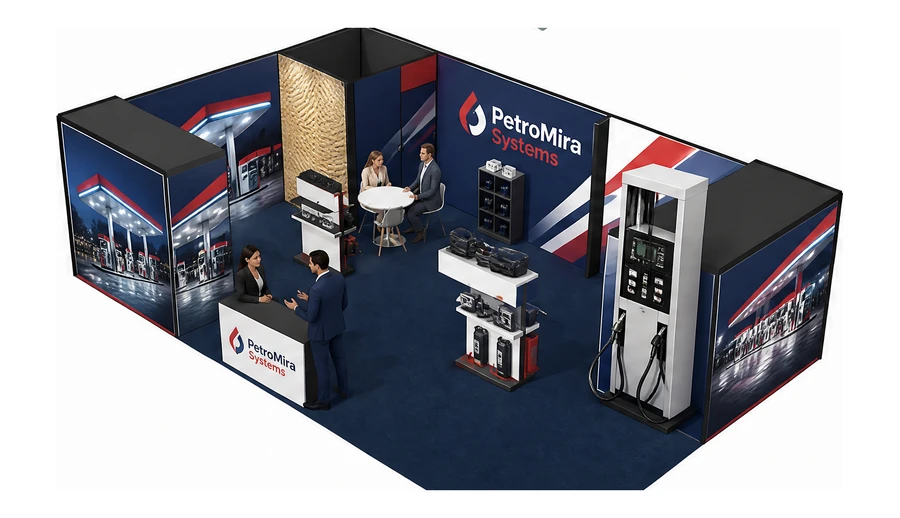 Stoisko 10 × 6 m narożne lewe dla branży stacje paliw, przykładowa marka PetroMira Systems