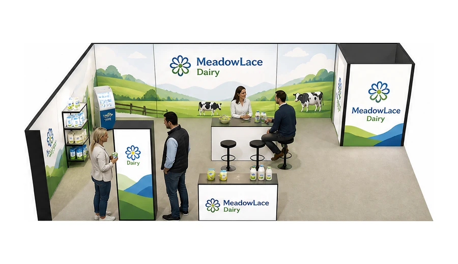 Stoisko 10 × 6 m narożne lewe dla branży nabiał i mleczarstwo, przykładowa marka MeadowLace Dairy