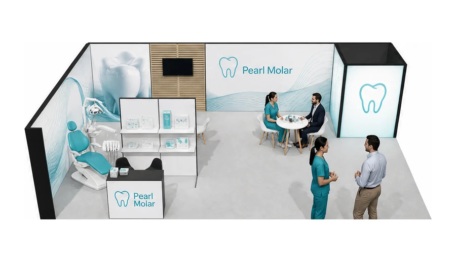 Stoisko 10 × 6 m narożne lewe dla branży stomatologia, przykładowa marka Pearl Molar