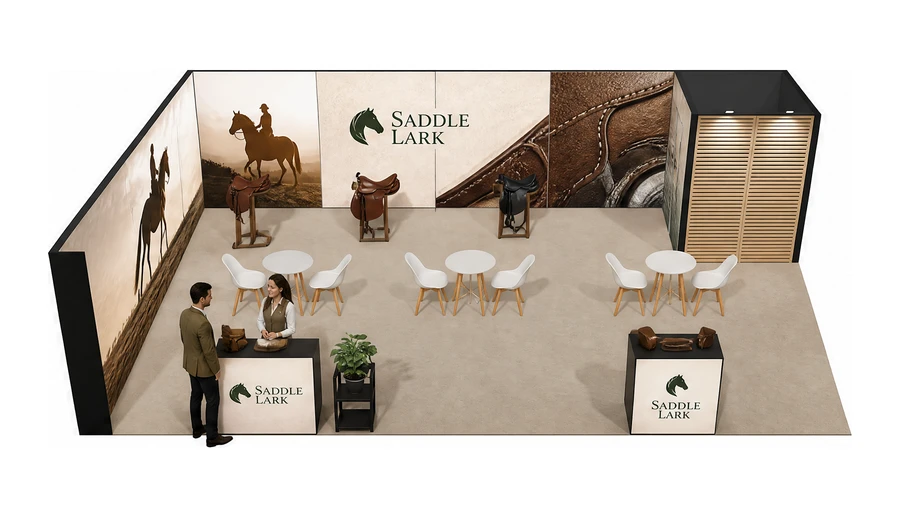 Stoisko 10 × 6 m narożne lewe dla branży jeździectwo, przykładowa marka Saddle Lark