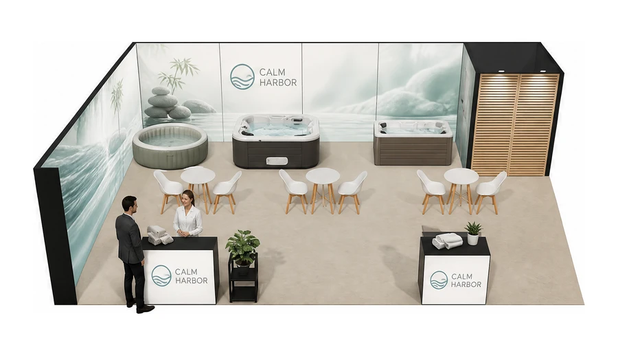 Stoisko 10 × 6 m narożne lewe dla branży spa i wellness, przykładowa marka Calm Harbor
