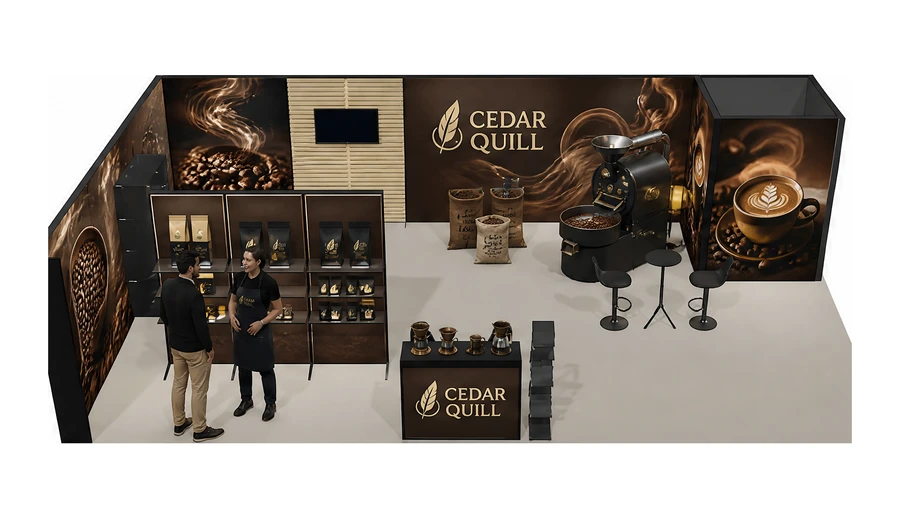 Stoisko 10 × 6 m narożne lewe dla branży palarnia kawy, przykładowa marka Cedar Quill