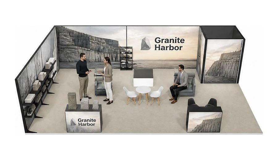 Stoisko 10 × 6 m narożne lewe dla branży kamień i kamieniarstwo, przykładowa marka Granite Harbor