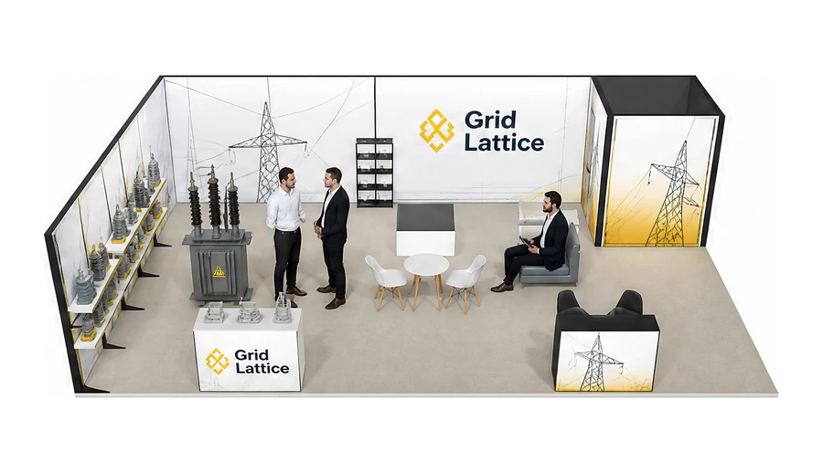 Stoisko 10 × 6 m narożne lewe dla branży energetyka i sieci, przykładowa marka Grid Lattice