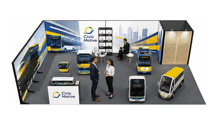Stoisko 10 × 6 m narożne lewe dla branży autobusy i transport zbiorowy, przykładowa marka Civic Motive
