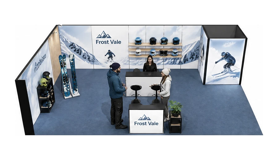 Stoisko 10 × 6 m narożne lewe dla branży narciarstwo i sporty zimowe, przykładowa marka Frost Vale