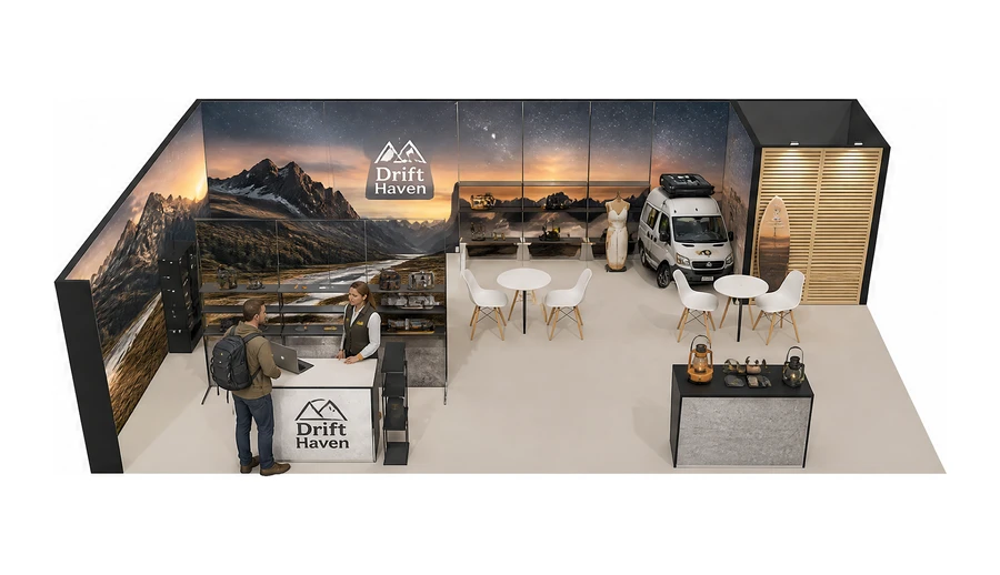 Stoisko 10 × 6 m narożne lewe dla branży caravaning i kampery, przykładowa marka Drift Haven