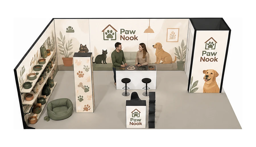 Stoisko 10 × 6 m narożne lewe dla branży akcesoria dla zwierząt, przykładowa marka Paw Nook