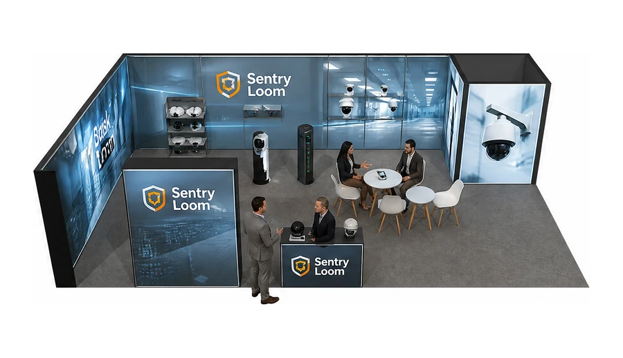 Stoisko 10 × 6 m narożne lewe dla branży systemy zabezpieczeń, przykładowa marka Sentry Loom