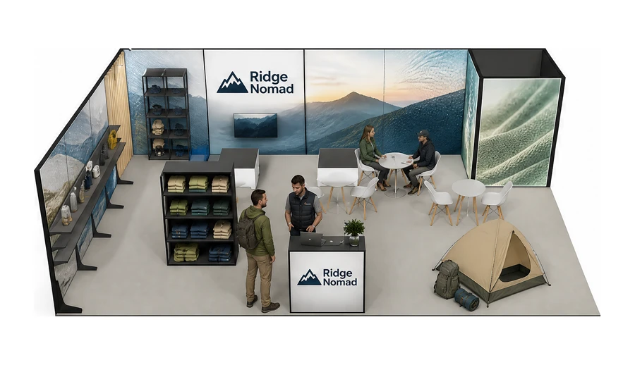 Stoisko 10 × 6 m narożne lewe dla branży odzież i sprzęt outdoorowy, przykładowa marka Ridge Nomad
