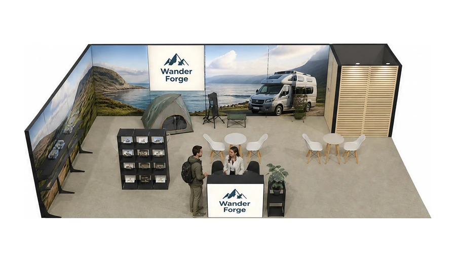 Stoisko 10 × 6 m narożne lewe dla branży caravaning i kampery, przykładowa marka Wander Forge