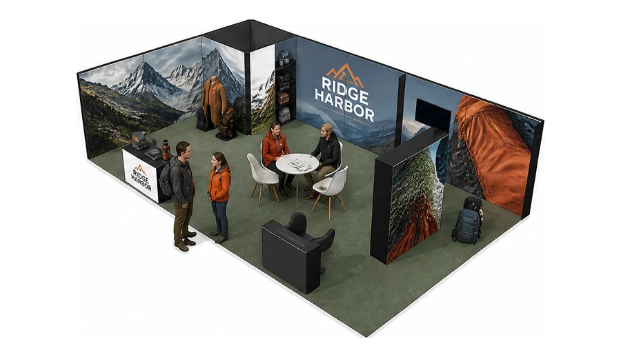 Stoisko 10 × 6 m narożne lewe dla branży odzież i sprzęt outdoorowy, przykładowa marka Ridge Harbor