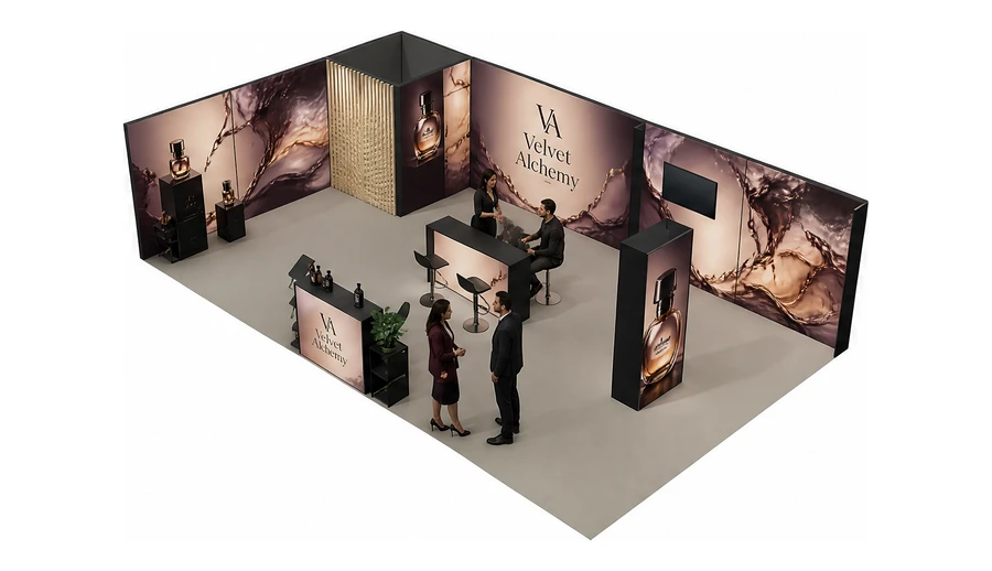 Stoisko 10 × 6 m narożne lewe dla branży perfumy, przykładowa marka Velvet Alchemy