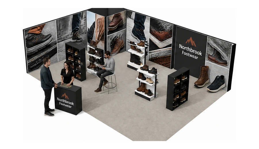 Stoisko 10 × 6 m narożne lewe dla branży obuwie, przykładowa marka Northbrook Footwear