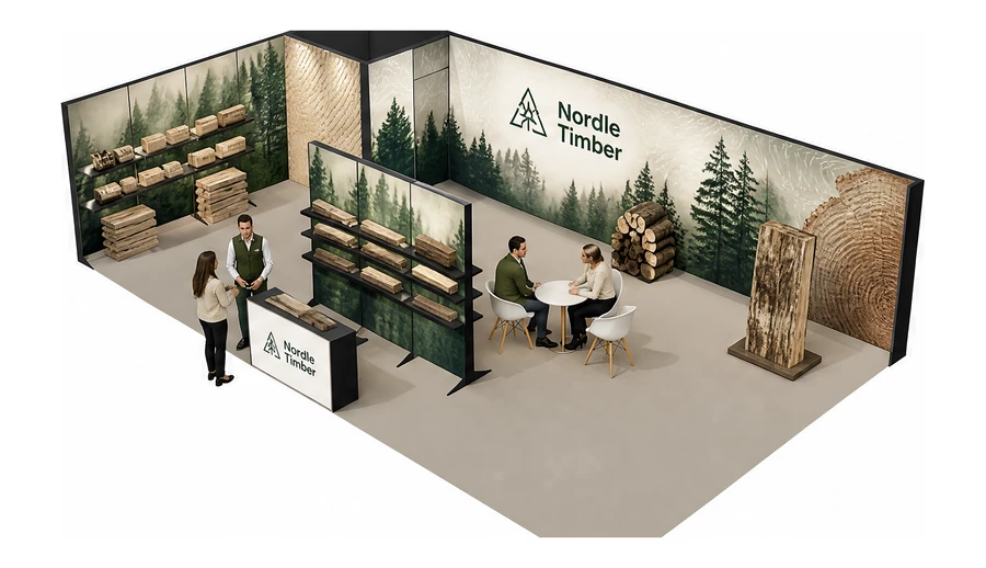 Stoisko 10 × 6 m narożne lewe dla branży leśnictwo i przemysł drzewny, przykładowa marka Nordle Timber