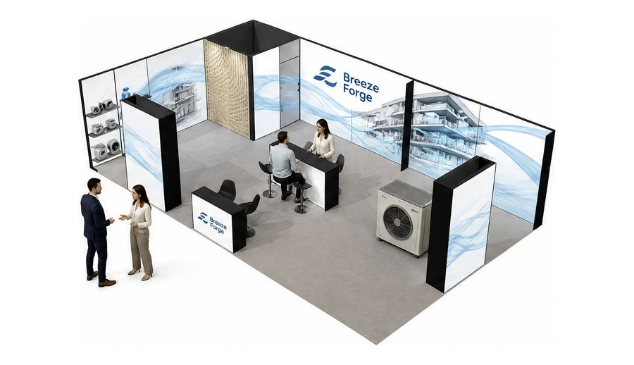 Stoisko 10 × 6 m narożne lewe dla branży wentylacja i klimatyzacja, przykładowa marka Breeze Forge