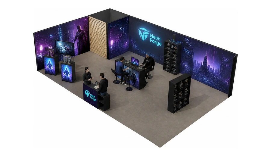 Stoisko 10 × 6 m narożne lewe dla branży gry wideo, przykładowa marka Neon Forge