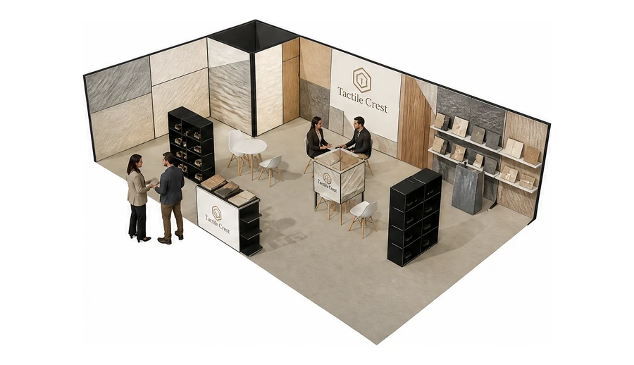 Stoisko 10 × 6 m narożne lewe dla branży wykończenie wnętrz, przykładowa marka Tactile Crest