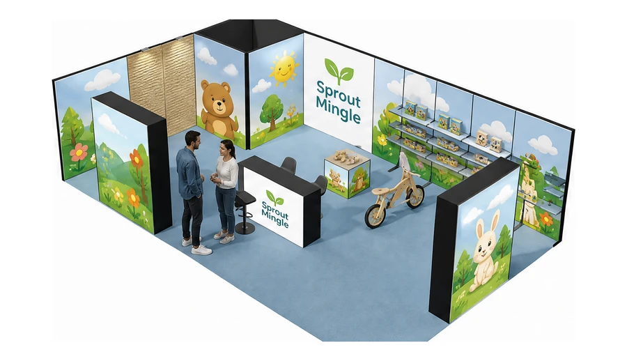 Stoisko 10 × 6 m narożne lewe dla branży zabawki i artykuły dziecięce, przykładowa marka Sprout Mingle