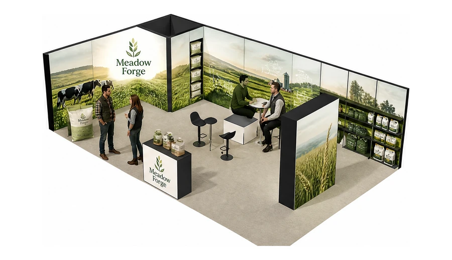 Stoisko 10 × 6 m narożne lewe dla branży hodowla i pasze, przykładowa marka Meadow Forge