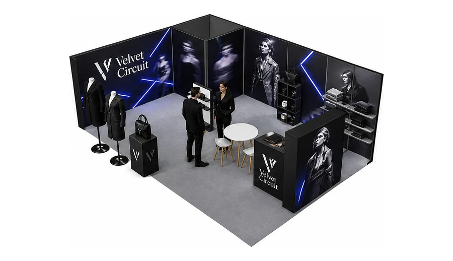 Stoisko 10 × 6 m narożne lewe dla branży odzież i moda, przykładowa marka Velvet Circuit